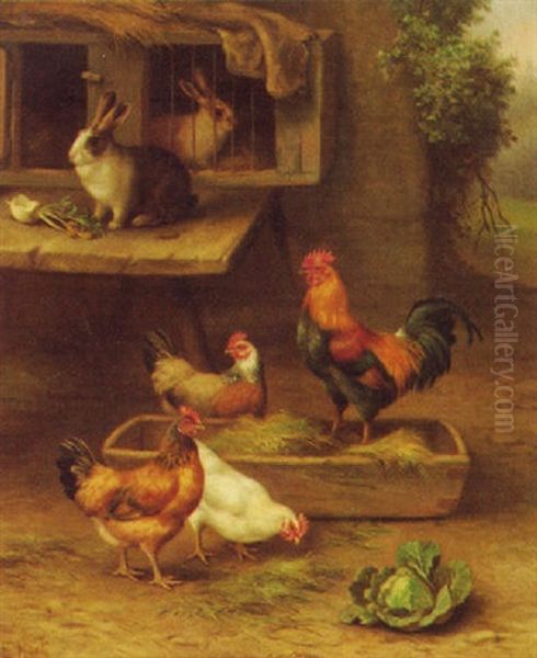 Tieridyll Mit Kaninchen Und Huhnern Oil Painting by Edmund Aubrey Hunt