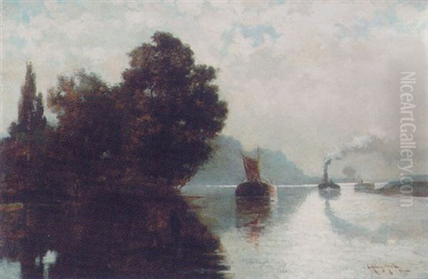 Barges On A River Oil Painting by Edmund Aubrey Hunt