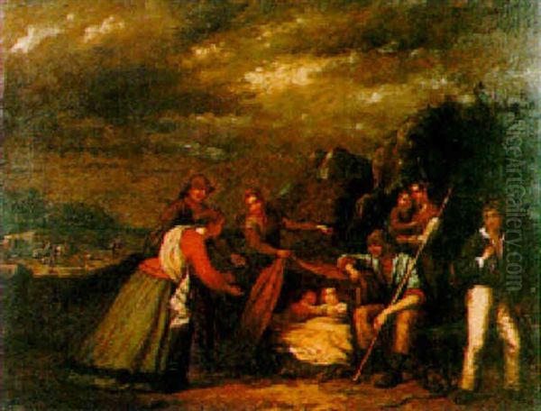 A Family Sheltering By The Cliffs Oil Painting by Thomas Hunt