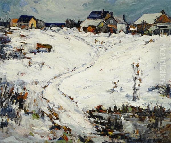 Houses In A Winter Landscape Oil Painting by Thomas Lorraine Hunt