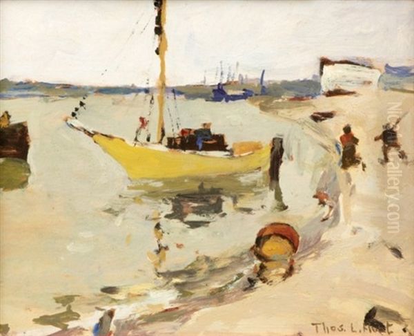 Boats And Figures At Shore Oil Painting by Thomas Lorraine Hunt