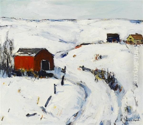 The Red Barn (snowy Pond) Oil Painting by Thomas Lorraine Hunt