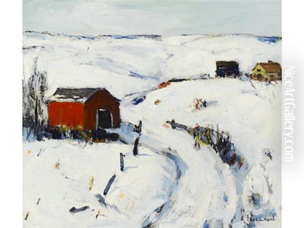 The Red Barn (snowy Pond) Oil Painting by Thomas Lorraine Hunt