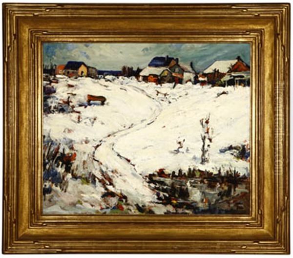 Houses In A Winter Landscape Oil Painting by Thomas Lorraine Hunt