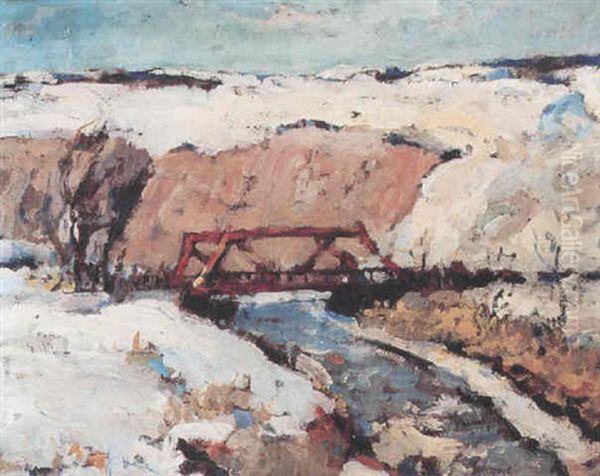 Bridge In The Snow Oil Painting by Thomas Lorraine Hunt