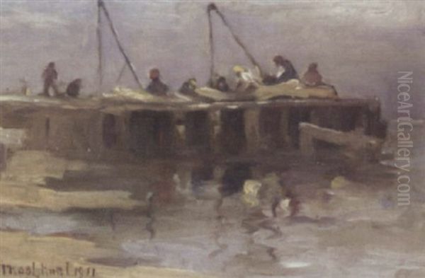 Fishermen On A Pier Oil Painting by Thomas Lorraine Hunt