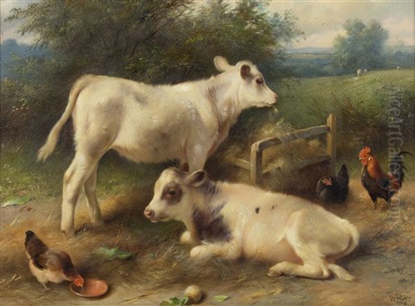 Calves And Chickens Oil Painting by Walter Hunt