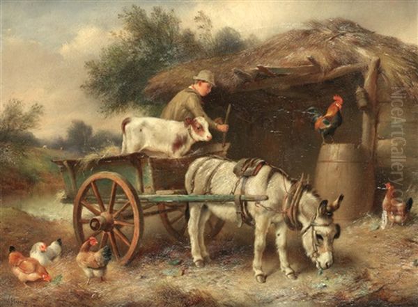 Figure And Farmyard Animals Oil Painting by Walter Hunt