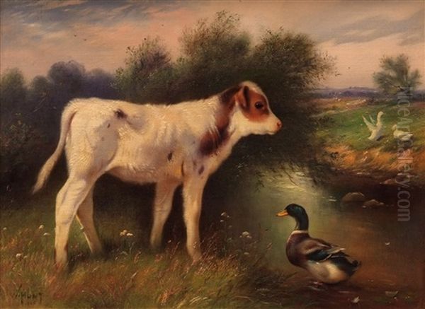 Calf With Duck By A River Oil Painting by Walter Hunt