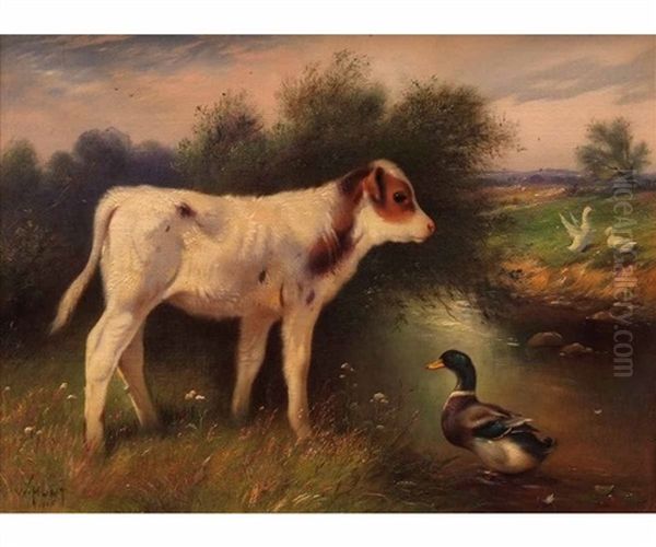 Calf With Duck By A River Oil On Canvas Oil Painting by Walter Hunt