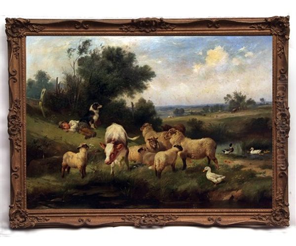 Young Shepherd Boy Sleeping With Collie Dog In Landscape Oil Painting by Walter Hunt