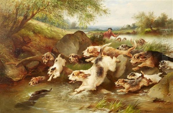 Otter Hunt, Taking Cover Oil Painting by Walter Hunt