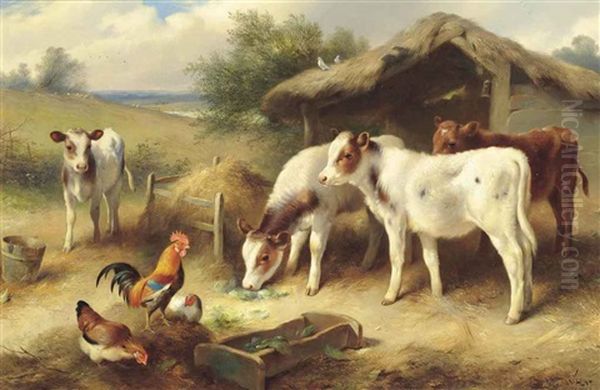 Calves, A Cockerel And Hens Beside A Barn Oil Painting by Walter Hunt