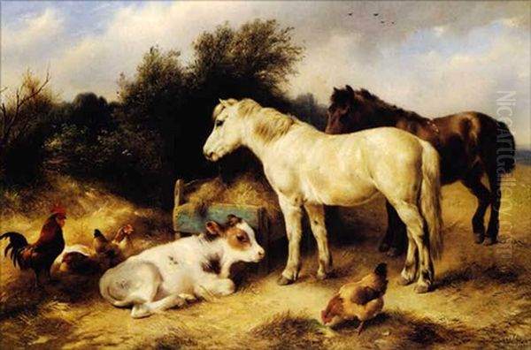 Ponies, A Calf And Poultry In A Farmyard Oil Painting by Walter Hunt