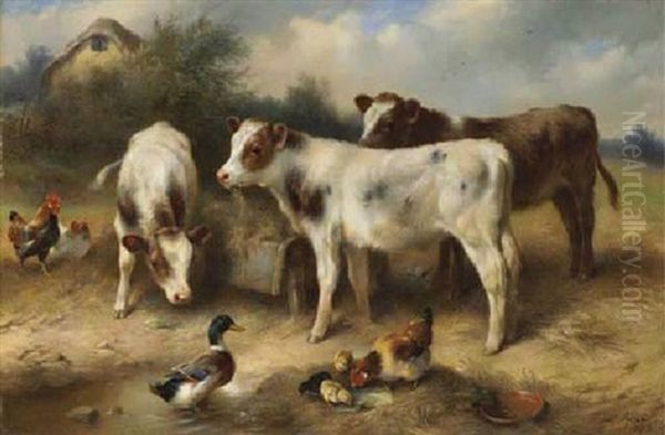 Calves, Chickens And A Duck Gathered By A Stream Oil Painting by Walter Hunt