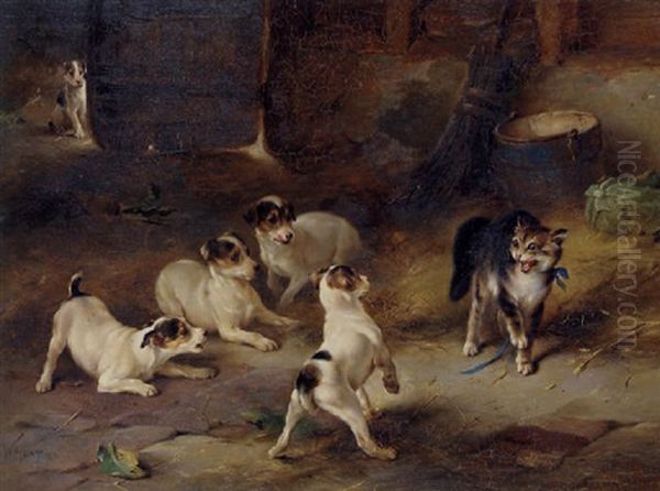 Pups At Bay Oil Painting by Walter Hunt