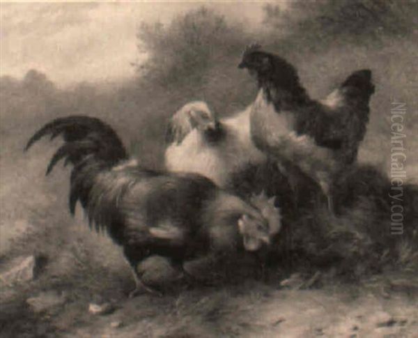 Hens With A Cockerel Oil Painting by Walter Hunt