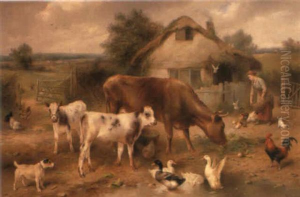 Cattle, Ducks And Chickens In A Farmyard Oil Painting by Walter Hunt