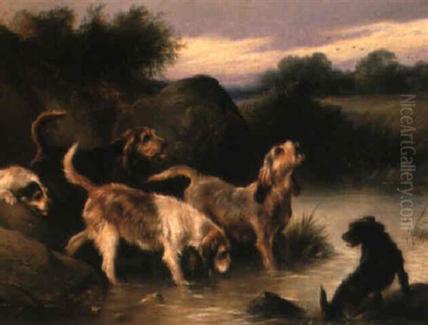 Otterhounds And Terriers Oil Painting by Walter Hunt