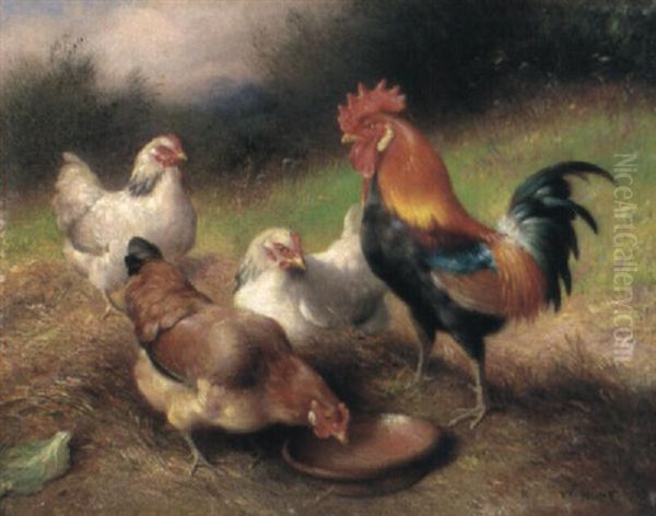 A Cockerel And Chickens In A Landscape Oil Painting by Walter Hunt