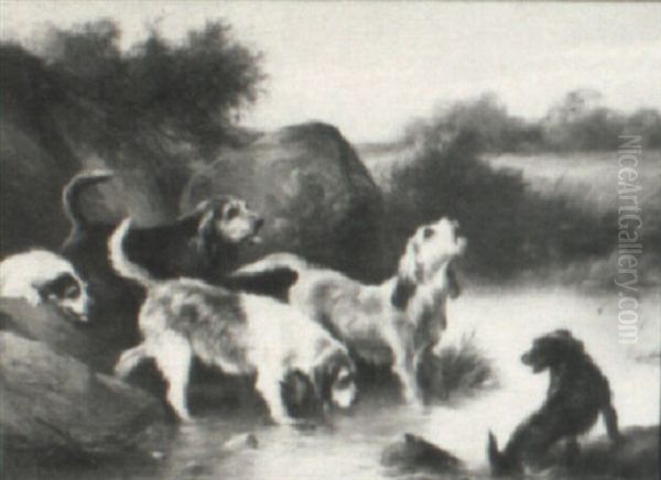 Otterhounds And Terriers Oil Painting by Walter Hunt