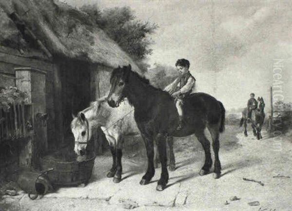 Ponies At The Water Pump Oil Painting by Walter Hunt