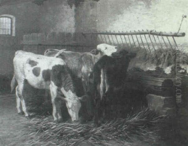 Three Cattle In A Stable Oil Painting by Walter Hunt