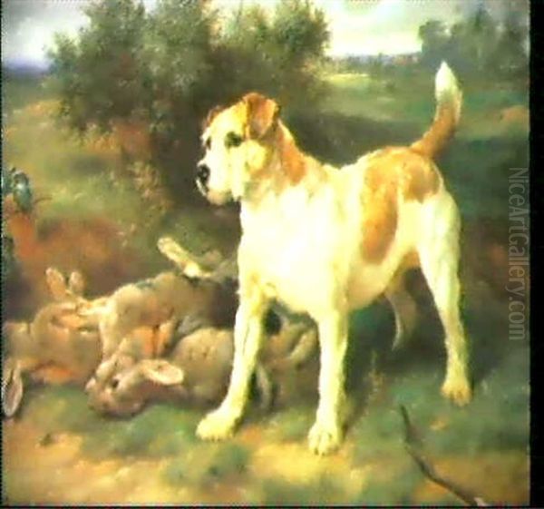 Vorstehhund Mit Hasen Vor Weiter Landschaft Oil Painting by Walter Hunt