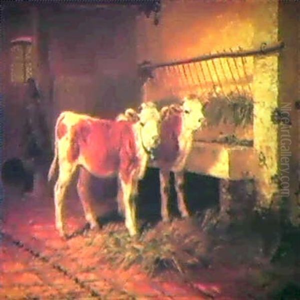 Two Calves In A Barn by Walter Hunt