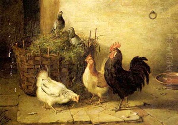 Poultry And Pigeons In An Interior Oil Painting by Walter Hunt