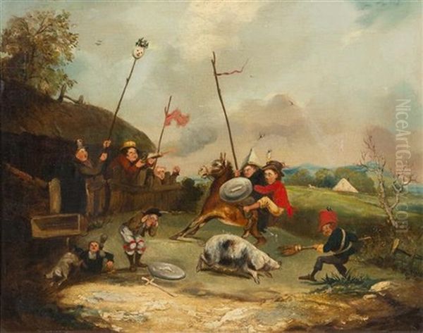 Pig Chase Oil Painting by William Henry Hunt