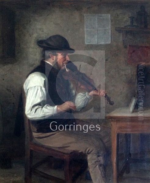 Interior With Fiddler Smoking A Clay Pipe Oil Painting by Charles Hunt