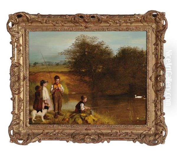 Young Boys Fishing Oil Painting by Charles Hunt