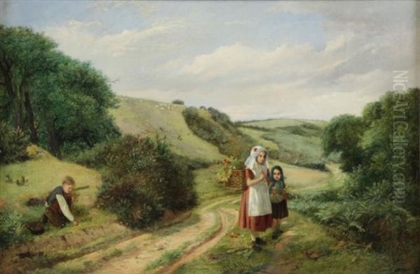 Children Picking Flowers Oil Painting by Charles Hunt