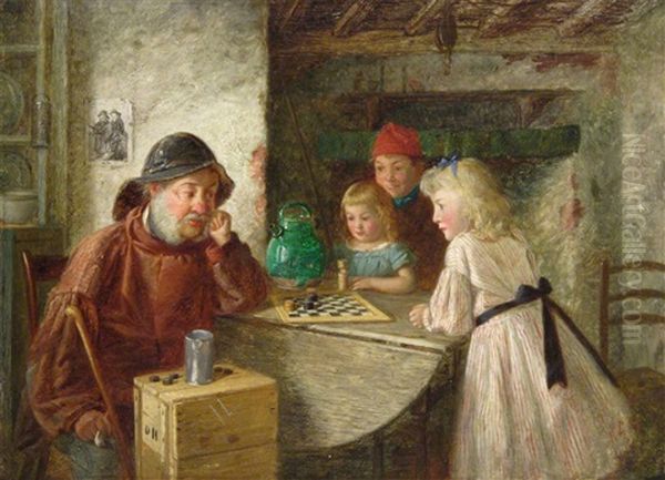 Children And A Fisherman In A Cottage Playing Draughts by Charles Hunt