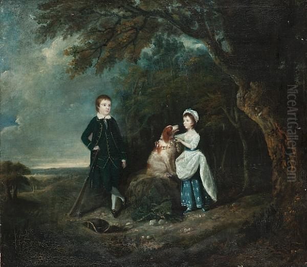 Portrait Of A Young Boy Holding A Cricket Bat With A Young Girl And A Spaniel In An Extensive Landscape Oil Painting by Hugh Barron