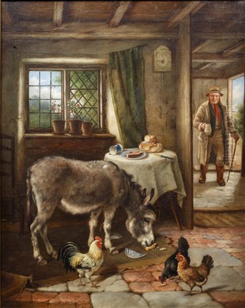 Cottage Interior With Donkey And Poultry Oil Painting by Charles Hunt