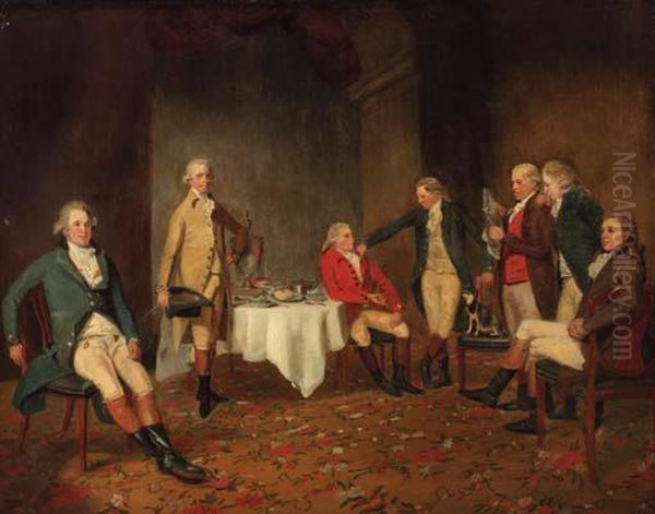 A Hunt Breakfast, Depicting The Duke Of Grafton, Sir Richardaldworth, Mr Robert Palmer (the Host), Sir Thomas Beauchampproctor, Mr Francis Pym, Mr George Beauchamp Proctor, And The Dukeof Bedford Oil Painting by Hugh Barron