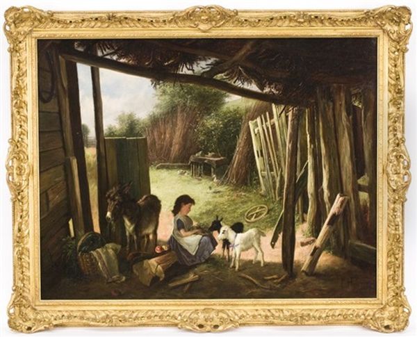 Young Girl In A Barn Feeding Livestock Oil Painting by Charles Hunt