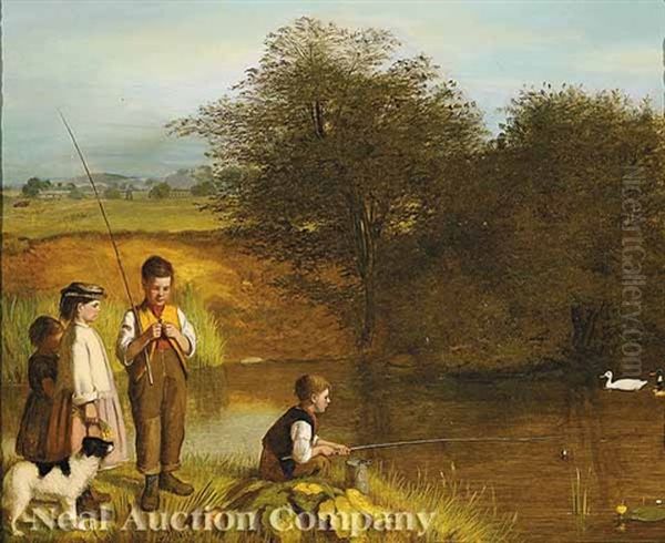 Children Fishing Oil Painting by Charles Hunt