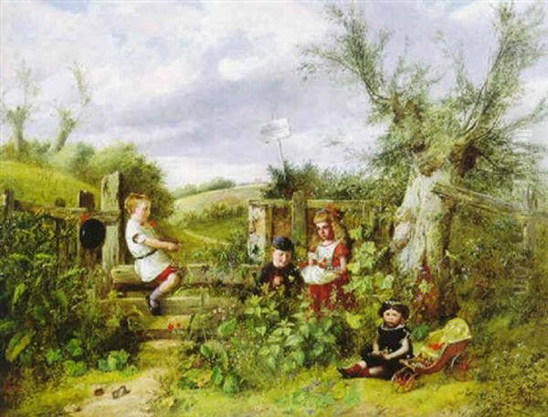 Children Playing Along A Country Road Oil Painting by Charles Hunt