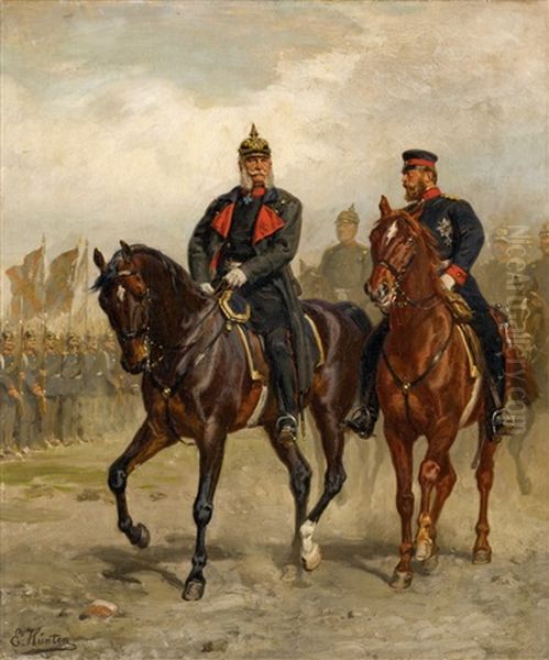 Emperor Wilhelm I And Crown Prince Frederick On Horseback Oil Painting by Emil Hunten