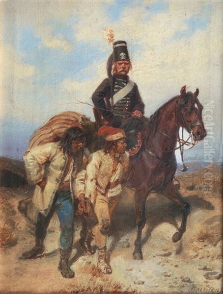 A Prussian Hussar With Captives Oil Painting by Emil Hunten