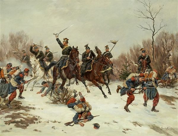 Gefecht Zwischen Reitern Eines Preussischen Ulanen-regiments Und Franzosischen Infanterie-soldaten Oil Painting by Emil Hunten