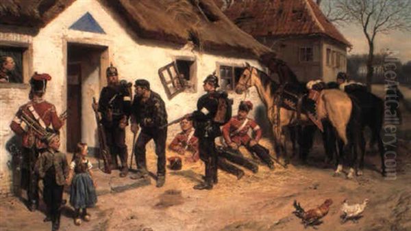 Soldiers Searching A Country Cottage With Peasants Standing By Oil Painting by Emil Hunten