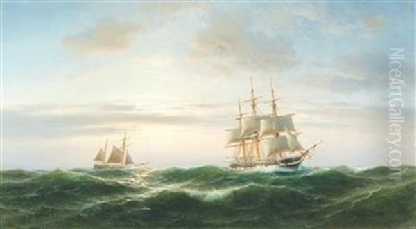 Three-master At Sunset Oil Painting by Franz Johann (Wilhelm) Huenten