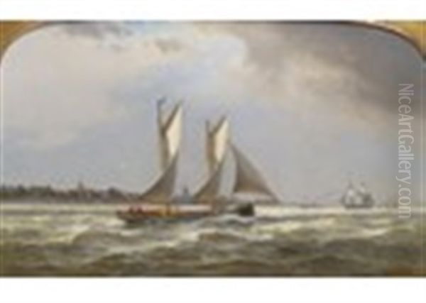 The Royal London Yacht Club Yacht Merrimac Off The Coast Of Holland Near Cuxhaven In 1865 Oil Painting by Franz Johann (Wilhelm) Huenten