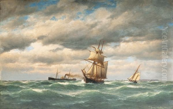 Dampfer Und Segelschiffe Vor Helgoland Oil Painting by Franz Johann (Wilhelm) Huenten