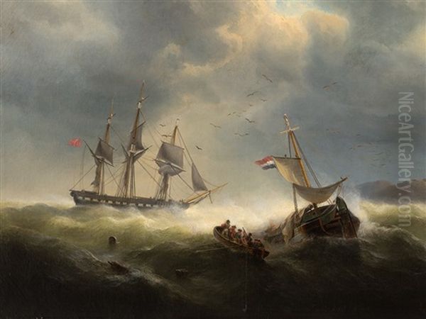 Ships In Distress Oil Painting by Franz Johann (Wilhelm) Huenten