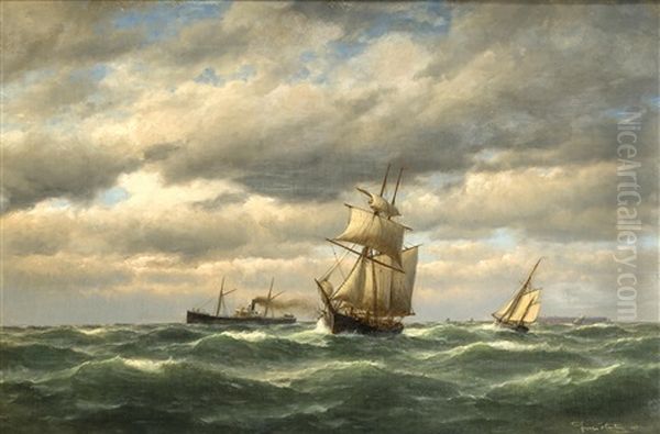 Dampfer U. Segler Auf See Vor Helgoland Im Hintergr. Oil Painting by Franz Johann (Wilhelm) Huenten